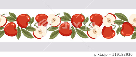 Seamless border with apples. Horizontal ornament with apple fruits with leaves. Illustration Seamless border with apples. Horizontal ornament with apple fruits with leaves. Illustration 119182930