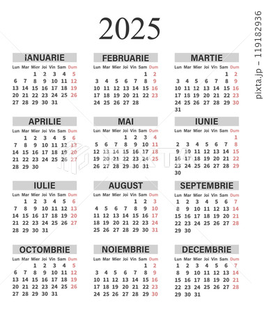 Classic vertical calendar 2025 in Romanian. Days, weeks and months for planning. Print, vector 119182936