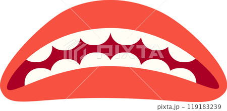 A vibrant cartoon mouth with sharp teeth and exaggerated smile, showcasing playful expression and bright colors against a white background 119183239