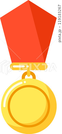 A golden medal with a red ribbon symbolizing achievement and success in various competitions 119183267