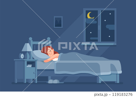 A woman peacefully sleeping in her cozy bedroom at night with a moonlit window and a bedside lamp glowing softly 119183276