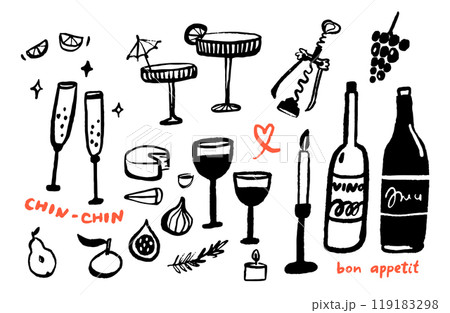 Cafe bar doodles, wine bottle and glasses, cocktails drawing. Black ink sketch trendy icons of drinks, food and appetizers isolated on white. Creative art set 119183298
