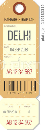Baggage strap tag showing details for a flight to Delhi on September 4, 2018, with weight information clearly indicated Baggage strap tag showing details for a flight to Delhi on September 4, 2018, with weight information clearly indicated 119183319