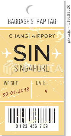 Baggage strap tag from Changi Airport in Singapore dated January 30, 2018, showing flight details and weight information 119183320