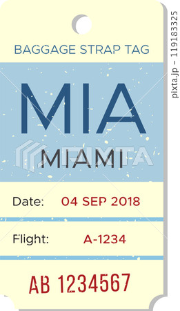Baggage strap tag from Miami International Airport dated September 4, 2018, for flight A-1234 Baggage strap tag from Miami International Airport dated September 4, 2018, for flight A-1234 119183325