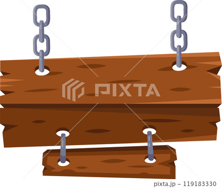 Wooden signboard hanging from chains in a rustic setting perfect for outdoor directions or business signage 119183330