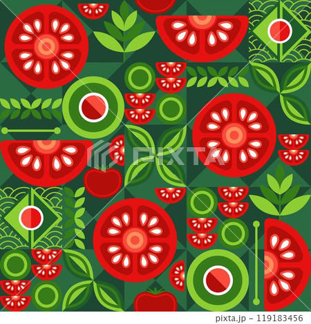 Tomato seamless pattern with icons, design elements in simple flat geometric style. Good for branding, decoration of food packaging, kitchen decorative prints. 119183456