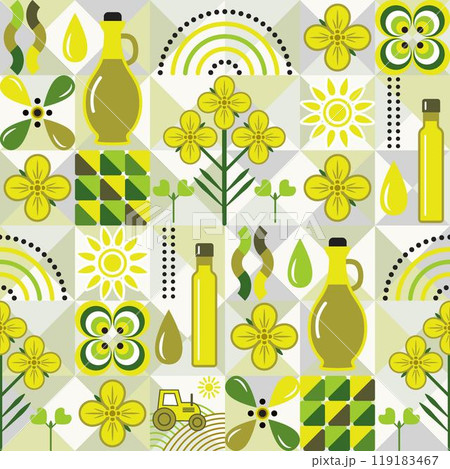 Seamless pattern with icons of rape, rapeseed oil, abstract geometric shapes on mosaic background. For branding, decoration of food packaging, decorative prints for kitchen 119183467