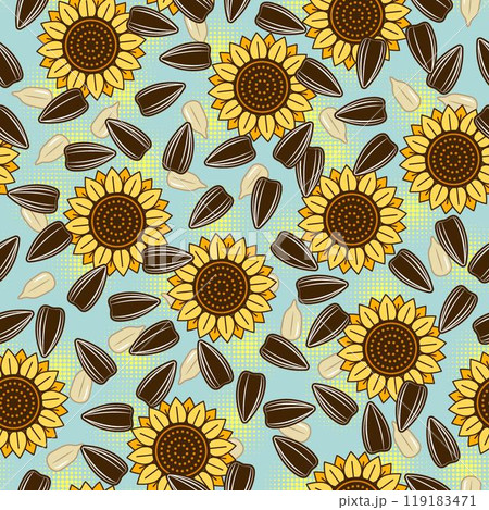 Seamless pattern with scattered striped black sunflower seeds mixed with peeled seeds and icons of sunflower heads. Light blue background with yellow halftone circles. For branding, food packaging Seamless pattern with scattered striped black sunflower seeds mixed with peeled seeds and icons of sunflower heads. Light blue background with yellow halftone circles. For branding, food packaging 119183471