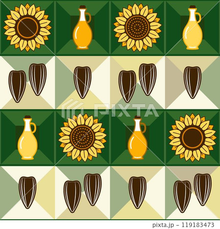 Sunflower oil seamless pattern with icons of flower heads, black striped seeds, oil bottles on horizontal striped mosaic background. Simple flat style for branding, food packaging, prints Sunflower oil seamless pattern with icons of flower heads, black striped seeds, oil bottles on horizontal striped mosaic background. Simple flat style for branding, food packaging, prints 119183473
