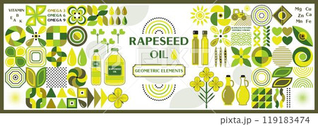 Set of rape oil design elements in flat simple geometric style. Icons, pictograms, abstract geometric shapes. For branding, decoration of food packaging, cover design, decorative prints 119183474