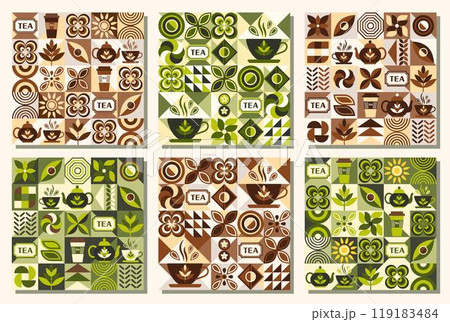 Patterns with icons for Black, Green tea, design elements in simple geometric style. Seamless background with abstract shapes. For branding, food package, cover design, textile kitchen prints 119183484
