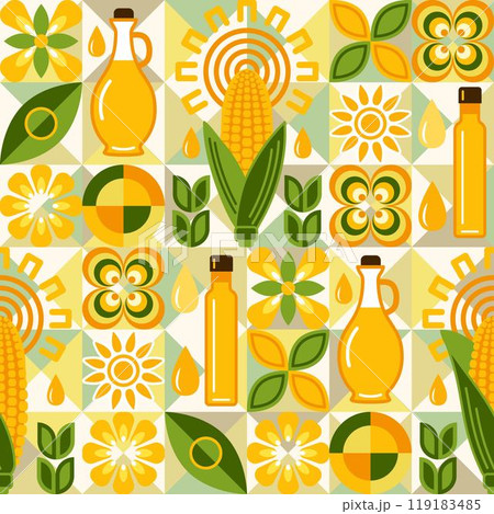 Seamless pattern with icons of corn cob, corn oil, maize grains, geometric shapes on mosaic background. For branding, decoration of food packaging, decorative print for kitchen 119183485