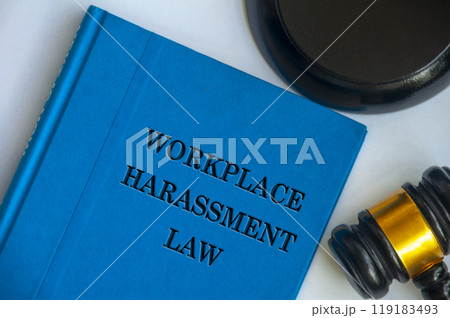 Top view of Workplace Harassment Policy blue book with gavel on white background. Zero workplace harassment concept Top view of Workplace Harassment Policy blue book with gavel on white background. Zero workplace harassment concept 119183493