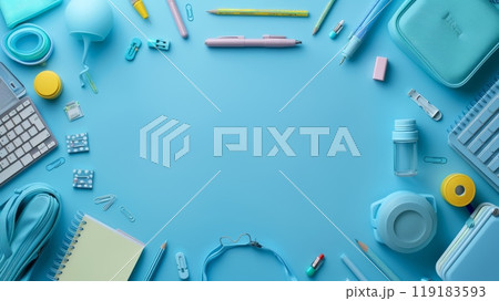 Vibrant Border Frame Background with Back to School Supplies on Blue Surface for Educational and Academic Themes 119183593