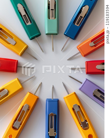 Colorful Back to School Frame Background with Assorted Stationery Items in a Circular Arrangement 119183594