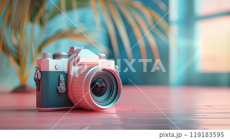 Vintage Camera Celebrating World Photography Day with Soft Pastel Background and Natural Light 119183595