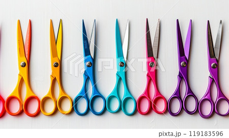 Colorful Education Back to School Background with Vibrant Scissors on White Surface for Creative Learning and Classroom Inspiration 119183596