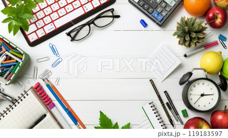 Colorful Education Back to School Background with Supplies, Fruits, and Plants on White Wooden Desk 119183597