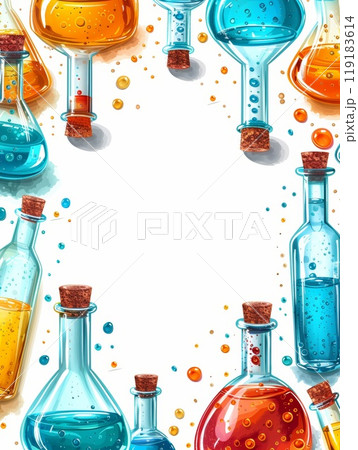 Colorful Back to School Frame Background with Science Lab Bottles and Bubbles for Educational and Creative Projects 119183614