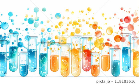 Colorful Education Back to School Background with Chemistry Lab Glassware and Vibrant Liquid Bubbles 119183616