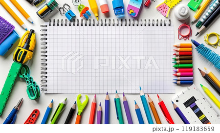 Colorful Education Back to School Background with Stationery Supplies and Blank Notebook for Creative Learning 119183659