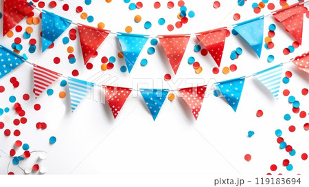 Festive Labor Day Frame Border Background with Colorful Bunting and Confetti on White 119183694
