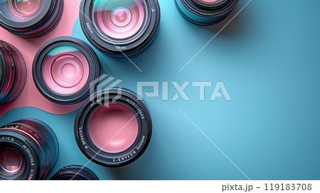 Colorful Camera Lenses on Pastel Background Celebrating World Photography Day with Vibrant and Creative Design Colorful Camera Lenses on Pastel Background Celebrating World Photography Day with Vibrant and Creative Design 119183708