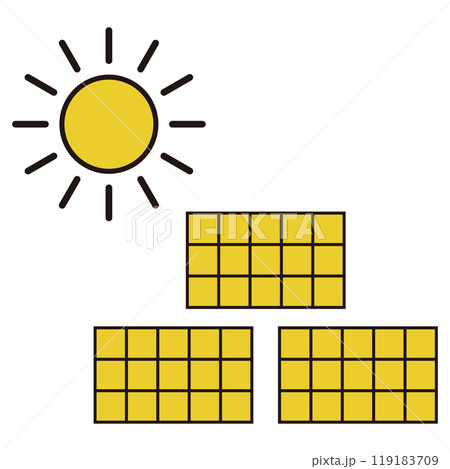 シンプルな線画のソーラーパネルを使った太陽光発電システムのイラスト 119183709