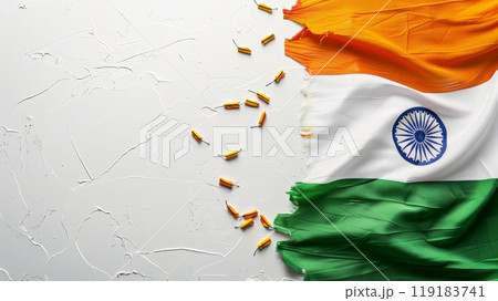 Indian Independence Day Celebration - Indian Flag with Saffron, White, and Green Colors and Ashoka Chakra on Textured Background Indian Independence Day Celebration - Indian Flag with Saffron, White, and Green Colors and Ashoka Chakra on Textured Background 119183741