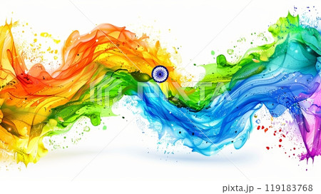 Vibrant Abstract Artwork Celebrating India Independence Day with Tricolor Waves and Ashoka Chakra Vibrant Abstract Artwork Celebrating India Independence Day with Tricolor Waves and Ashoka Chakra 119183768