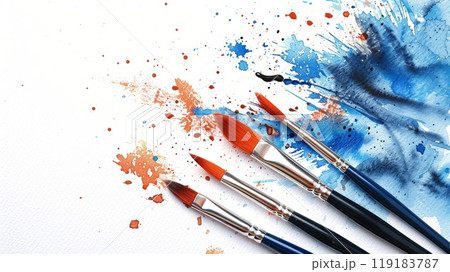 Colorful Education Back to School Background with Paint Brushes and Splashes of Blue and Orange Paint 119183787