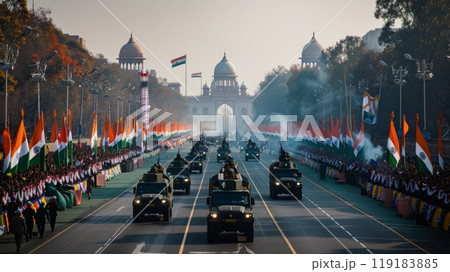 Grand Parade Celebrating India's Independence Day with Military Vehicles and National Flags in New Delhi Grand Parade Celebrating India's Independence Day with Military Vehicles and National Flags in New Delhi 119183885