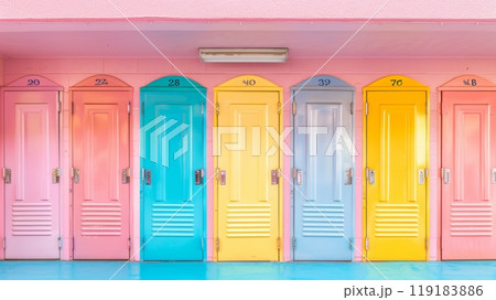 Colorful Education Back to School Background with Vibrant Lockers in a Row for Creative and Inspirational Learning Environment 119183886