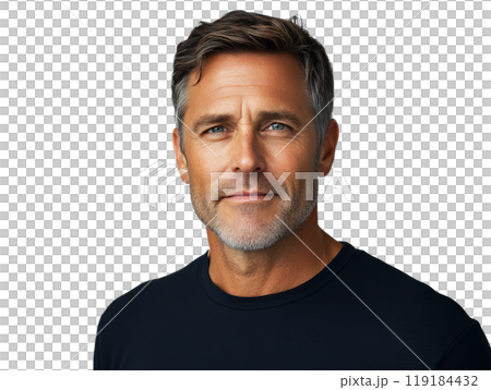 Mature man with gray hair and beard in a black shirt poses confidently against a neutral backdrop Mature man with gray hair and beard in a black shirt poses confidently against a neutral backdrop 119184432