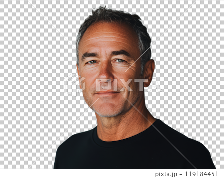 Mature man with gray hair and beard in a black shirt poses confidently against a neutral backdrop Mature man with gray hair and beard in a black shirt poses confidently against a neutral backdrop 119184451