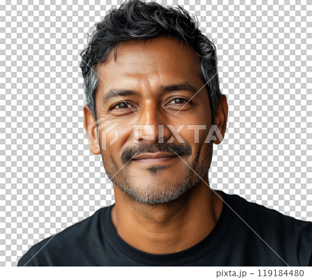 Smiling man with dark hair and beard in casual black shirt against a light backdrop 119184480