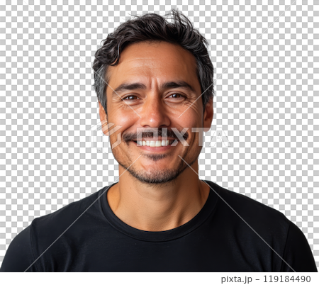 Smiling man with curly hair in a casual black shirt against a simple background Smiling man with curly hair in a casual black shirt against a simple background 119184490