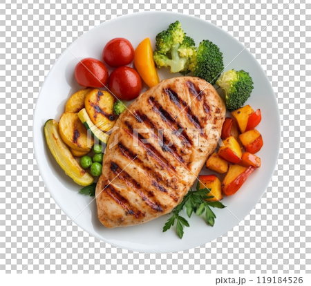 Grilled chicken breast served with colorful vegetables on a white plate during daytime 119184526