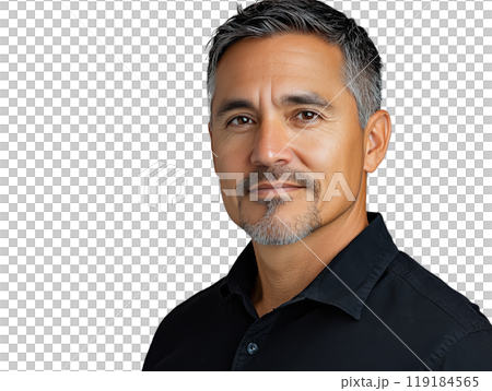 Portrait of a mature man with a beard wearing a black shirt against a neutral background 119184565