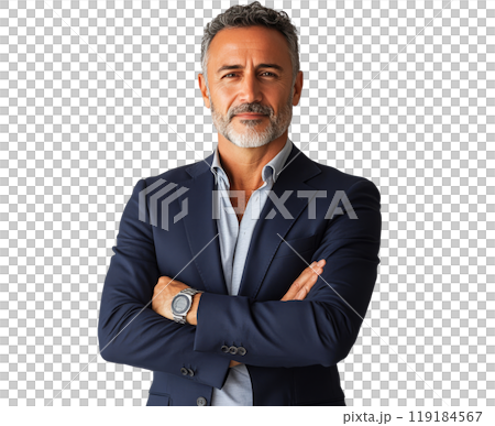 A man in a navy suit and light shirt stands with arms crossed, exuding confidence 119184567