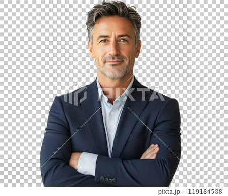 A man in a navy suit and light shirt stands with arms crossed, exuding confidence 119184588