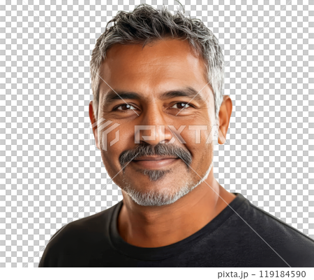 Smiling man with dark hair and beard in casual black shirt against a light backdrop 119184590
