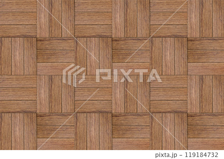 茶色い木製のブビンガの板材が四角く並ぶデコボコしたタイルの背景素材 119184732