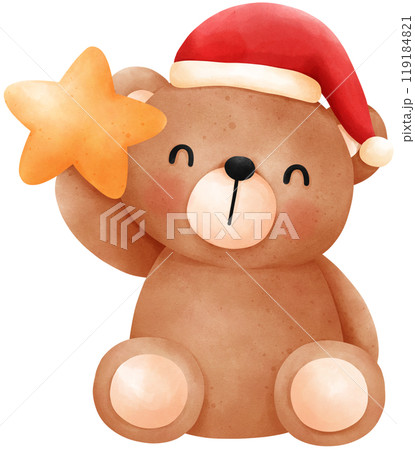 Cute Christmas Teddy Bear with star watercolor illustration 119184821