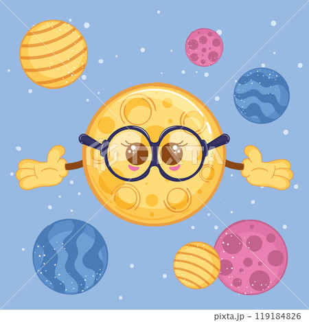 Smart moon with glasses among colorful planets, vector illustration Smart moon with glasses among colorful planets, vector illustration 119184826