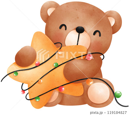 Cute Christmas Teddy Bear with star watercolor illustration 119184827