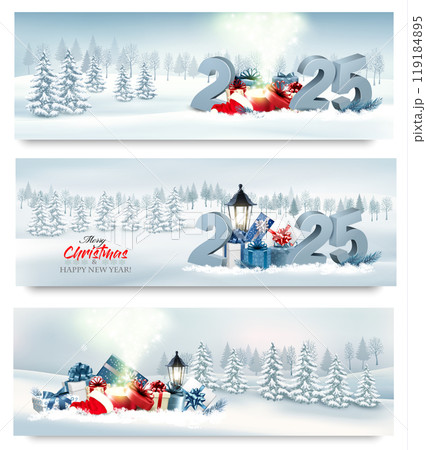 Holiday Christmas banners with winter landscare and colorful gift boxes. Vector. Holiday Christmas banners with winter landscare and colorful gift boxes. Vector. 119184895