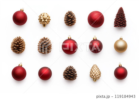 Festive arrangement of red ornaments and pinecones isolated on white background, Christmas and nature's beauty Festive arrangement of red ornaments and pinecones isolated on white background, Christmas and nature's beauty 119184943