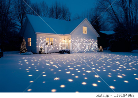 Snow-covered house decorated with festive lights, creating warm ambiance. Nighttime setting with trees in the background Snow-covered house decorated with festive lights, creating warm ambiance. Nighttime setting with trees in the background 119184968